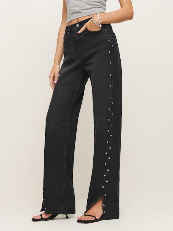 Cary High Rise Slouchy Straight Leg Jeans - Vana Vented Studded